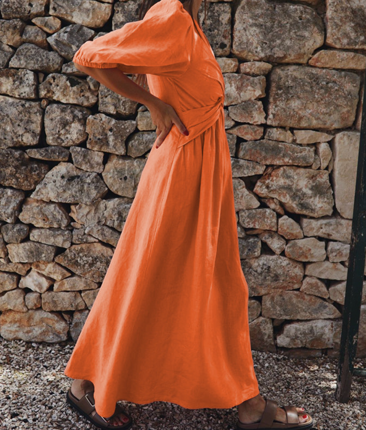 Women's Maxi Dress - V-Neck Twist Knot - Short Puff Sleeves - Elegant Flowing Fit