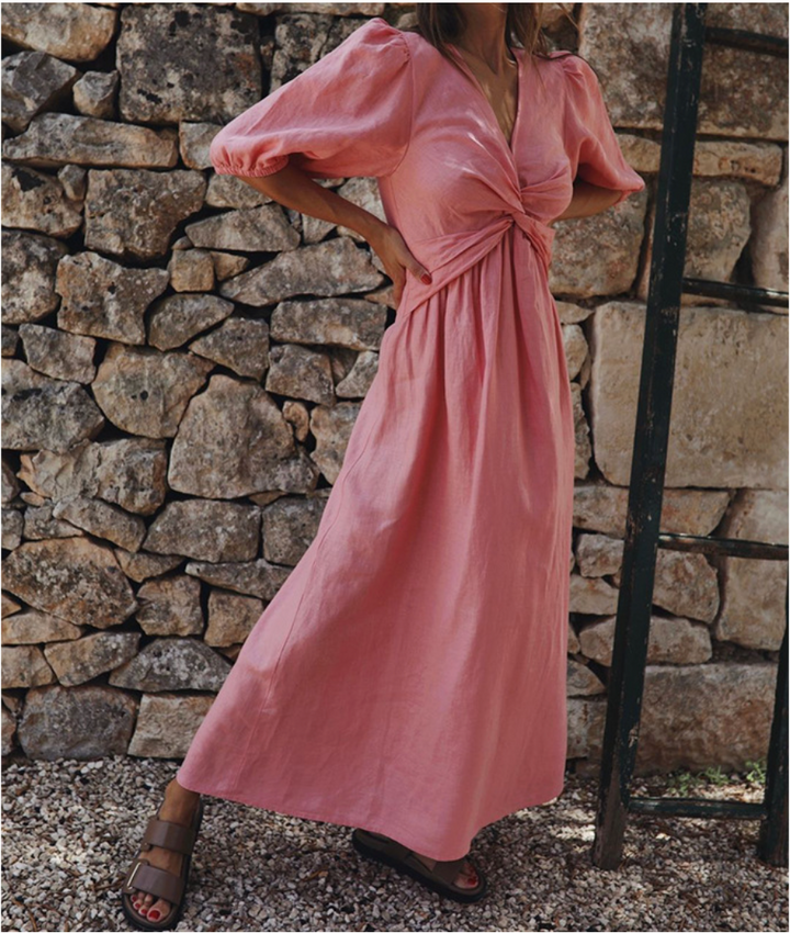 Women's Maxi Dress - V-Neck Twist Knot - Short Puff Sleeves - Elegant Flowing Fit