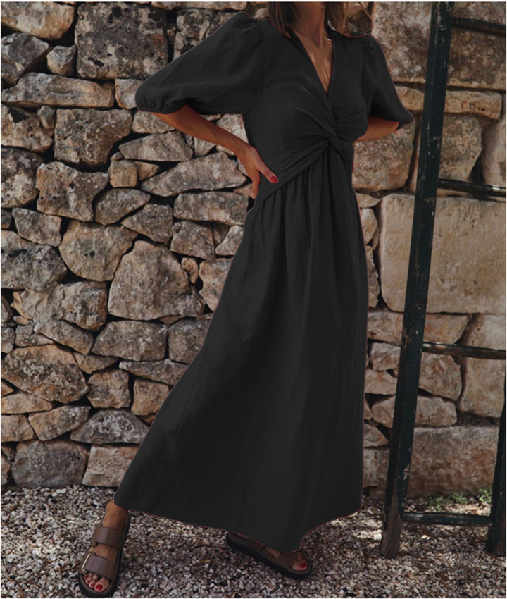 Women's Maxi Dress - V-Neck Twist Knot - Short Puff Sleeves - Elegant Flowing Fit