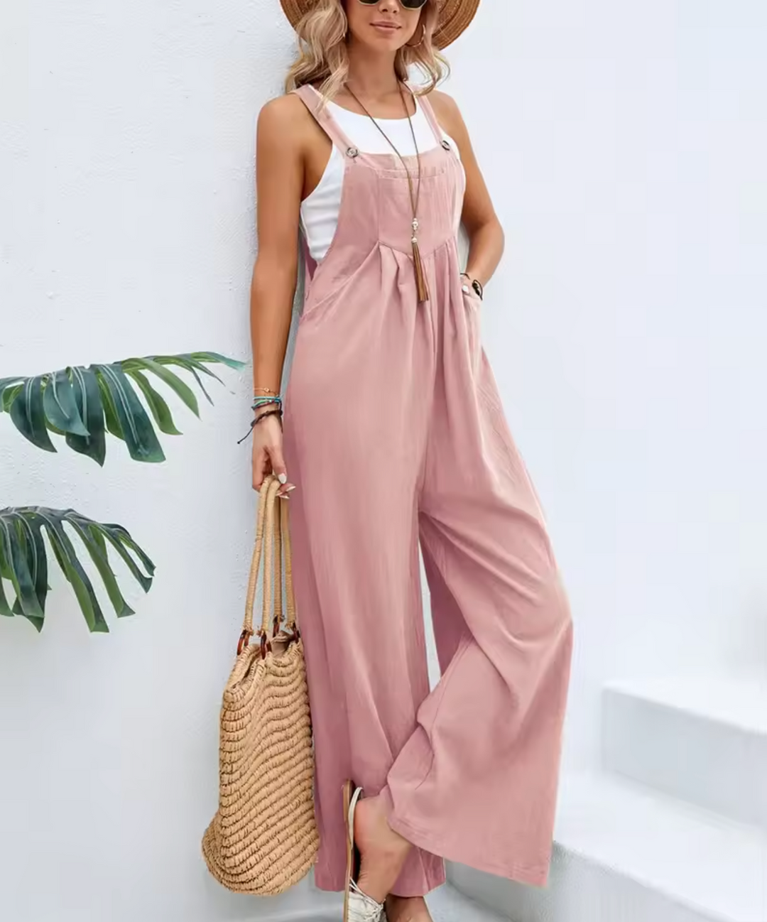 Women's Jumpsuit - Wide Leg - Sleeveless Adjustable Straps - Relaxed Fit Breathable Fabric