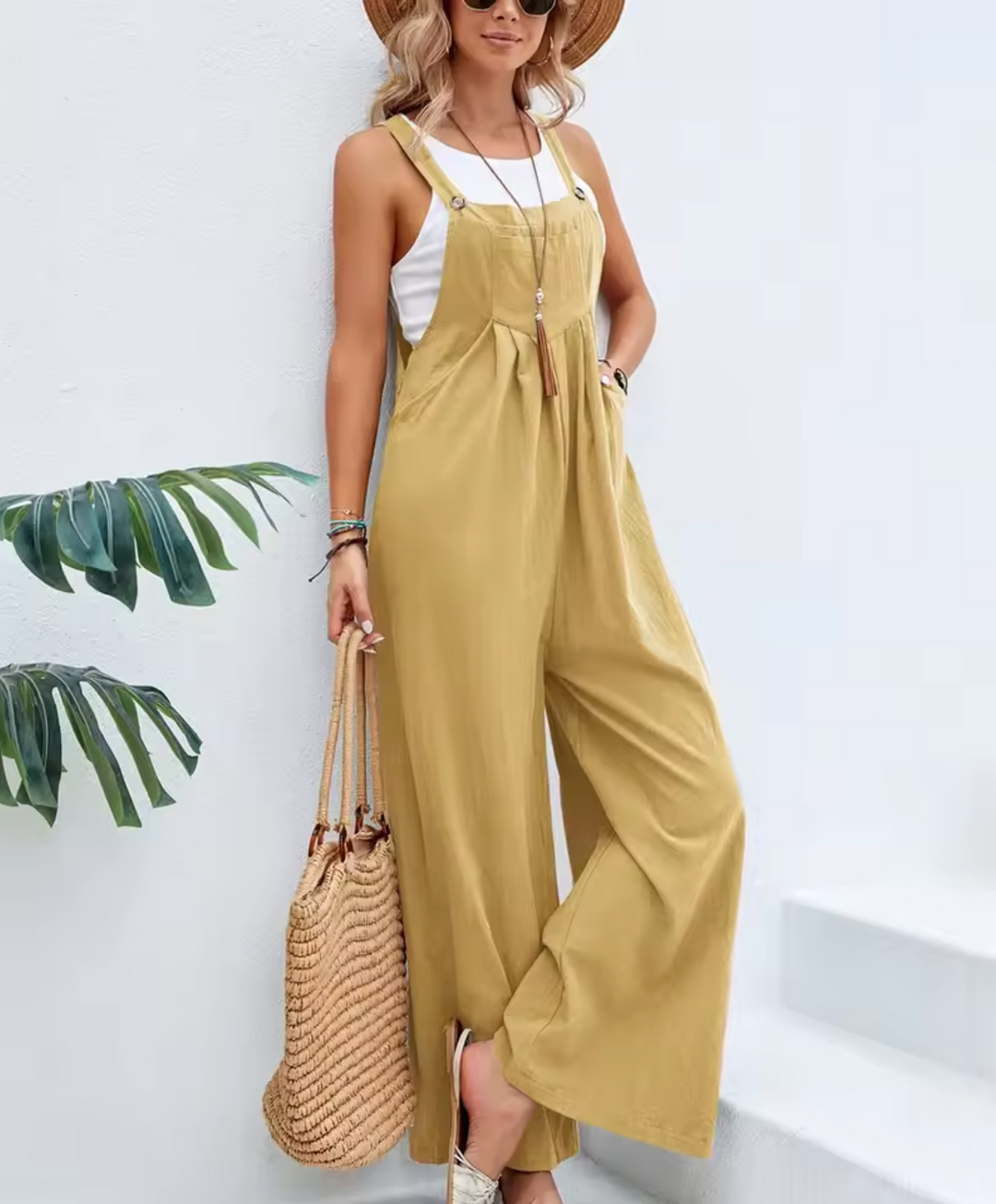 Women's Jumpsuit - Wide Leg - Sleeveless Adjustable Straps - Relaxed Fit Breathable Fabric