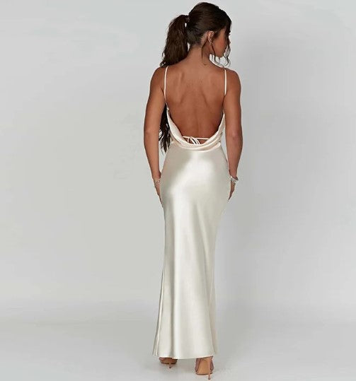 Women's Satin Slip Dress - Cowl Neck - Spaghetti Straps - High Slit Elegant Evening Wear
