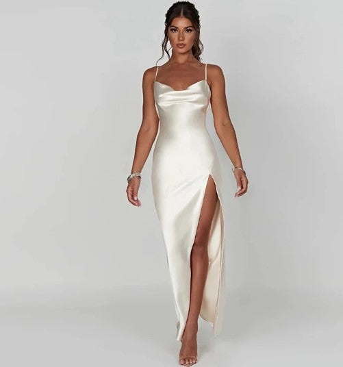 Women's Satin Slip Dress - Cowl Neck - Spaghetti Straps - High Slit Elegant Evening Wear