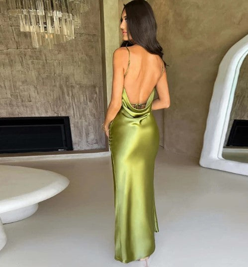Women's Satin Slip Dress - Cowl Neck - Spaghetti Straps - High Slit Elegant Evening Wear