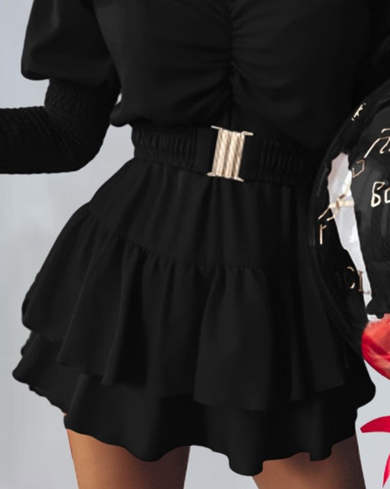 Women's Off-Shoulder Mini Dress - Ruched Bust - Long Sleeve - Tiered Skirt - Belted Waist