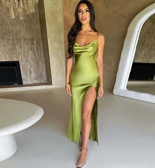 Women's Satin Slip Dress - Cowl Neck - Spaghetti Straps - High Slit Elegant Evening Wear