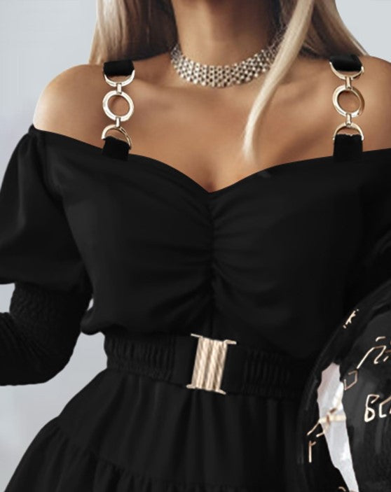 Women's Off-Shoulder Mini Dress - Ruched Bust - Long Sleeve - Tiered Skirt - Belted Waist