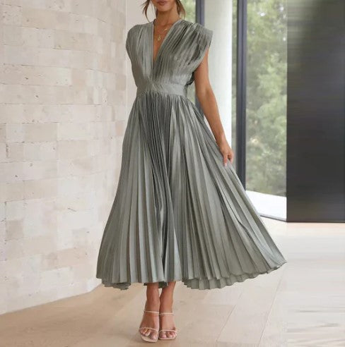 Women's Maxi Dress - Flowing Pleated Skirt - Deep V-Neck - Elegant Cap Sleeves