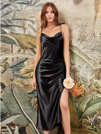 Women's Satin Slip Dress - Midi Length - Cowl Neck - Spaghetti Straps - Side Slit
