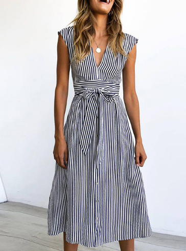 Women's Sleeveless Midi Dress - Vertical Striped A-Line - Lapel Collar - Belted Waist