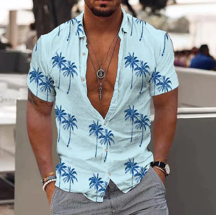 Men’s Short-Sleeve Button-Up Shirt - Relaxed Fit - Tropical Palm Tree Print
