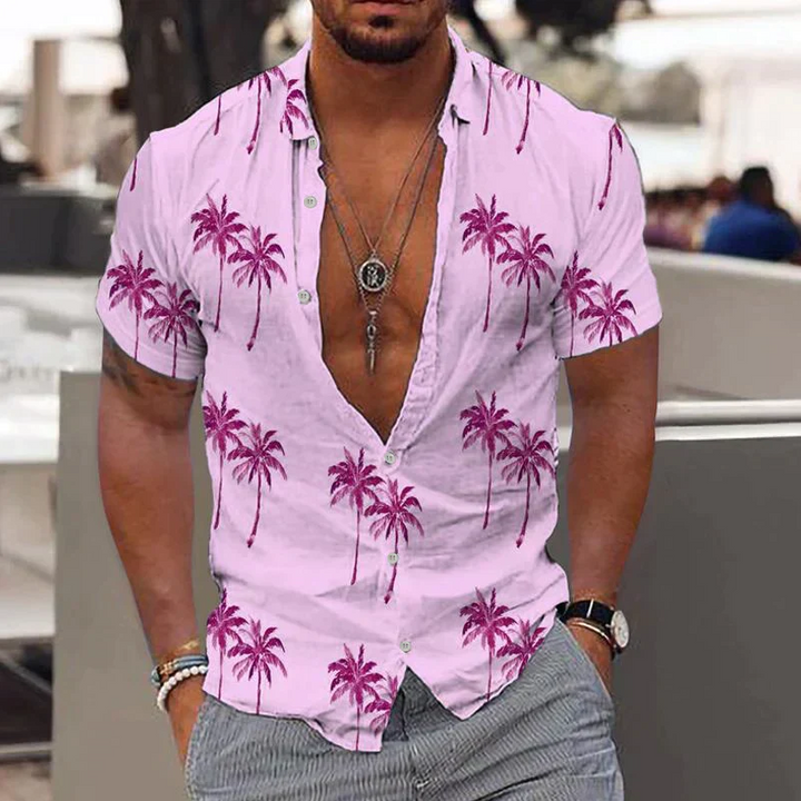 Men’s Short-Sleeve Button-Up Shirt - Relaxed Fit - Tropical Palm Tree Print