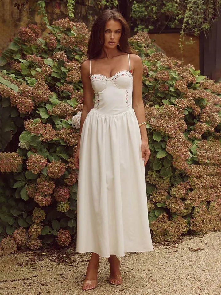 Women's Midi Dress - Spaghetti Strap - Fitted Bodice - Flared A-Line Silhouette