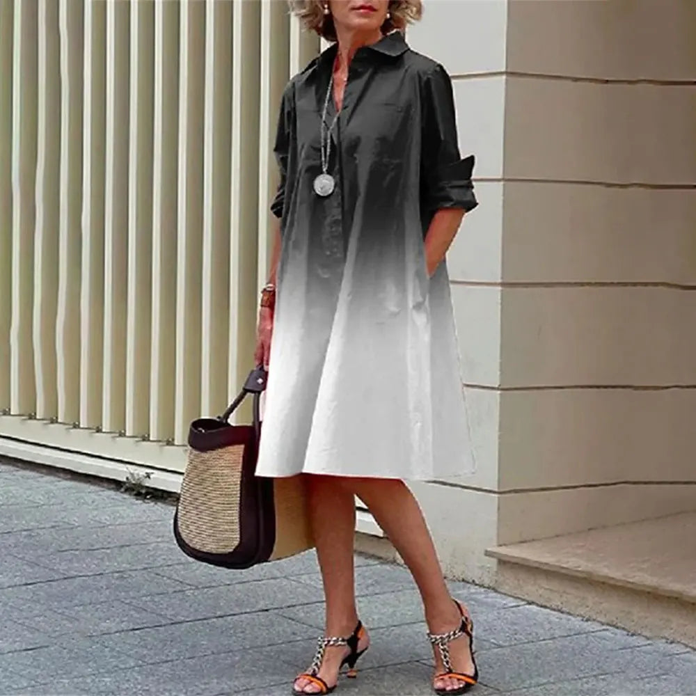Women's A-Line Shirt Dress - Button Down - Long Sleeve - Classic Collar - Knee Length