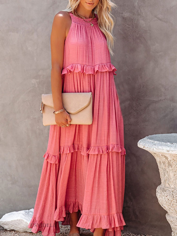Women’s Maxi Dress – Flowing Fit – Halter Neck – Tiered Skirt – Natural Fibers