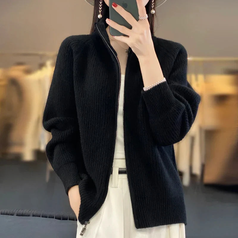Women’s Cardigan – Relaxed Fit – Zip Front – Hip Length Casual Layer