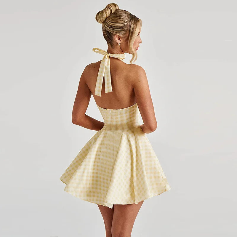 Women's Halter Mini Dress - A-Line Silhouette - Fitted Bodice - Flared Skirt