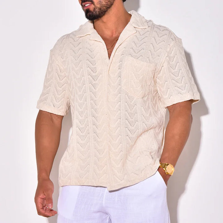 Men’s Knit Shirt – Jacquard Chevron Texture – Relaxed Fit – Short Sleeve Casual Collar