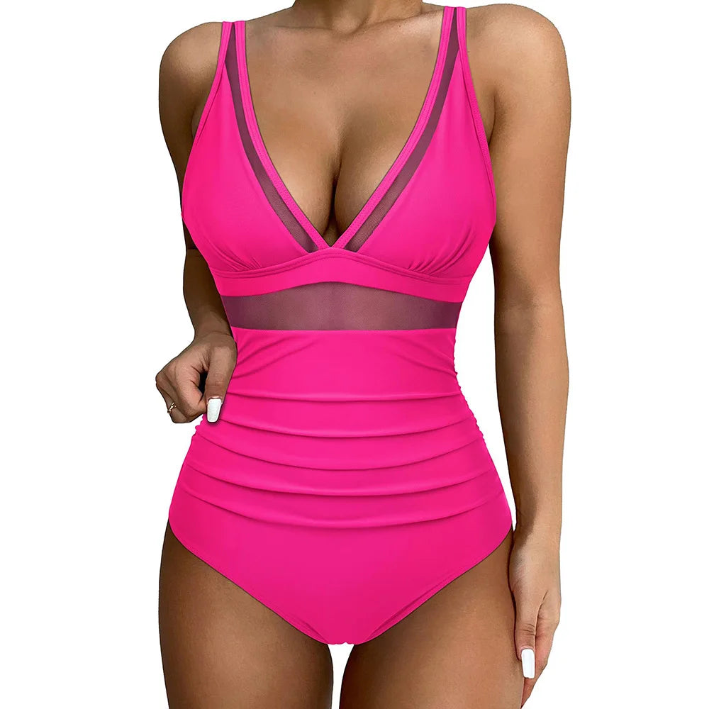 Women’s One-Piece Swimsuit – Sculpting Fit – Mesh Panel – High-Cut Leg – Supportive Straps