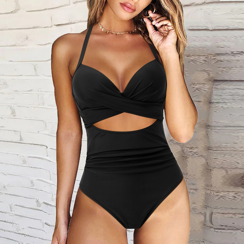 Women’s One-Piece Swimsuit – Push-Up Support – Halter Neck – High Waist Cut-Out