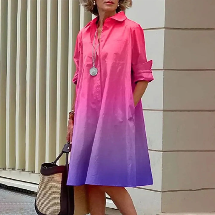 Women's A-Line Shirt Dress - Button Down - Long Sleeve - Classic Collar - Knee Length