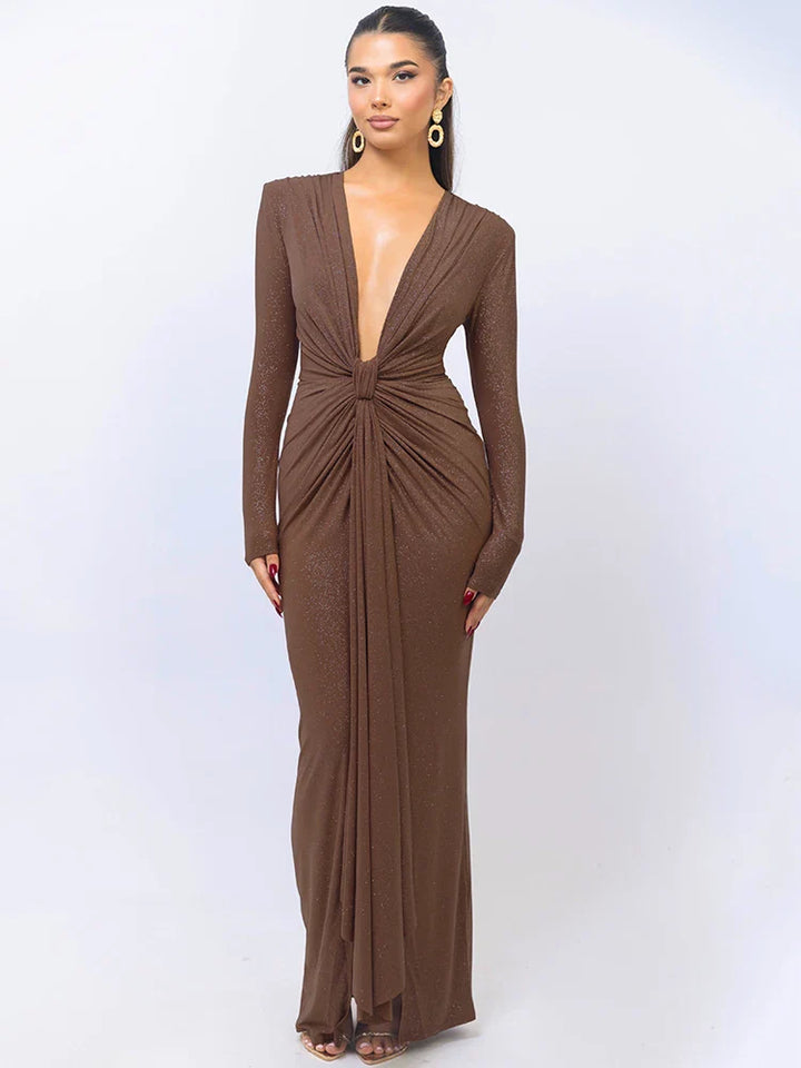 Women's Evening Gown - V-Neck - Long Sleeve - Ruched Waist - Shimmer Finish