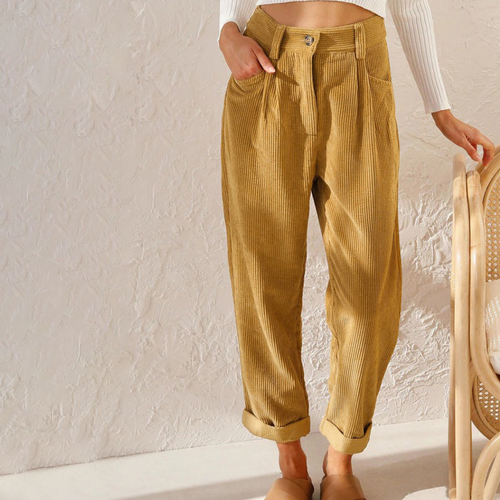 Women’s Corduroy Pants - High Waist - Pleated Front - Relaxed Fit - Ribbed Texture