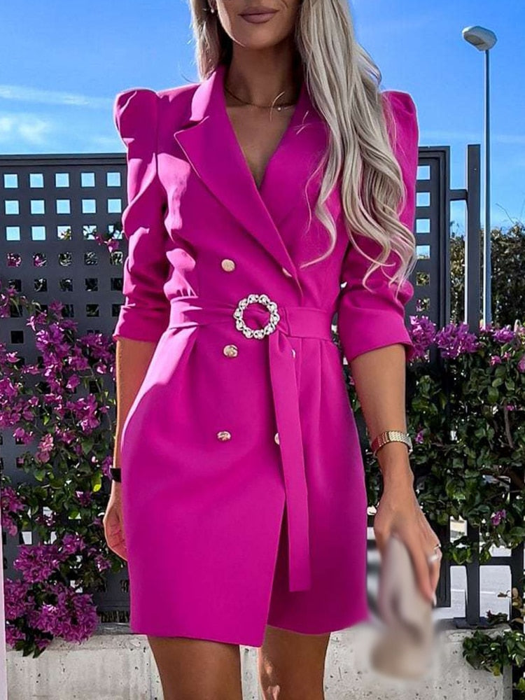 Women’s Blazer Dress – Tailored Fit – Double-Breasted – Belted Waist – Puffed Shoulders