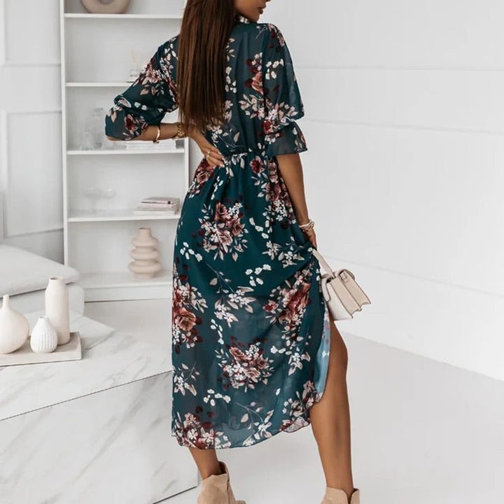 Women's Long Dress - V-Neck - Cinched Waist - Long Sleeve High-Slit Elegant Wear