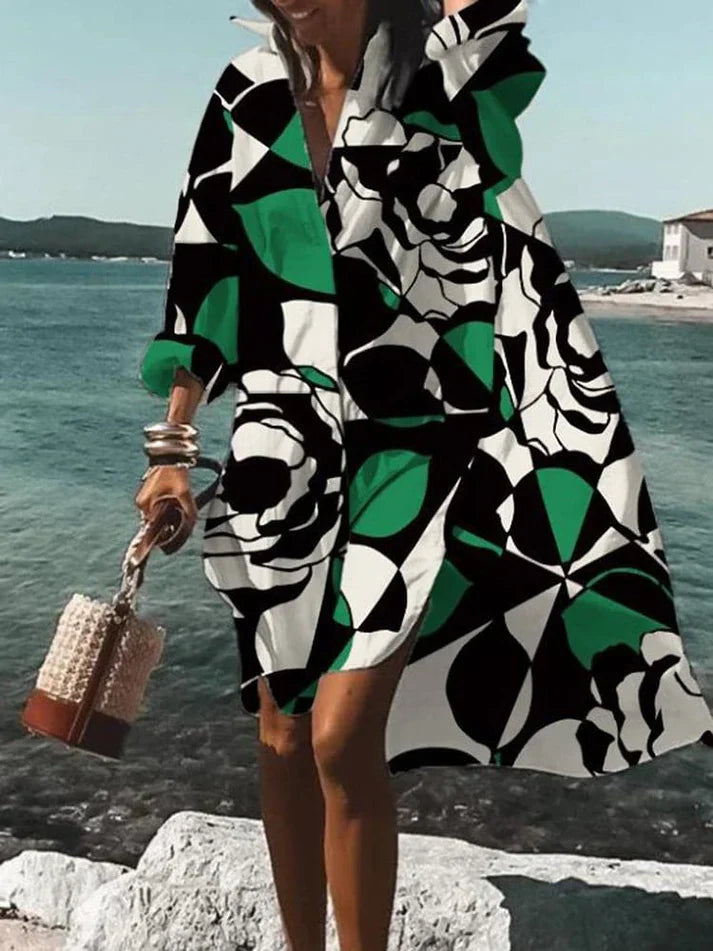 Women's Geometric Dress - Loose Fit - V-Neck - Long Sleeve Flowy Casual Wear