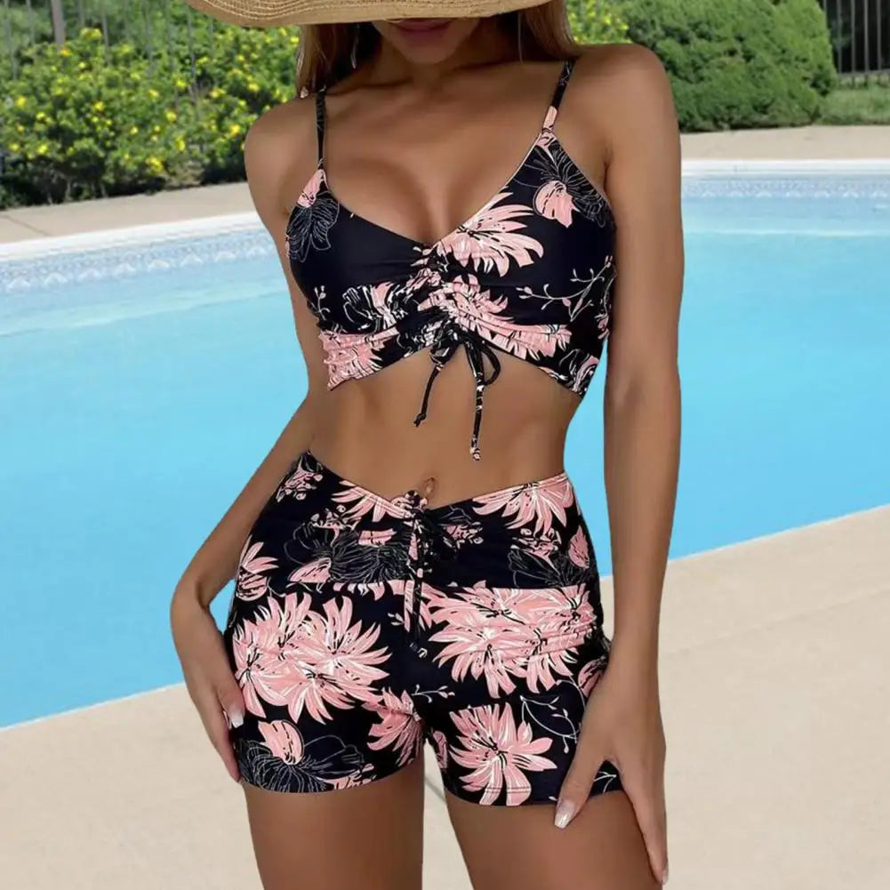 Women’s Bikini Set – V-Neck Drawstring Top – High Waist – Stretch Breathable Blend