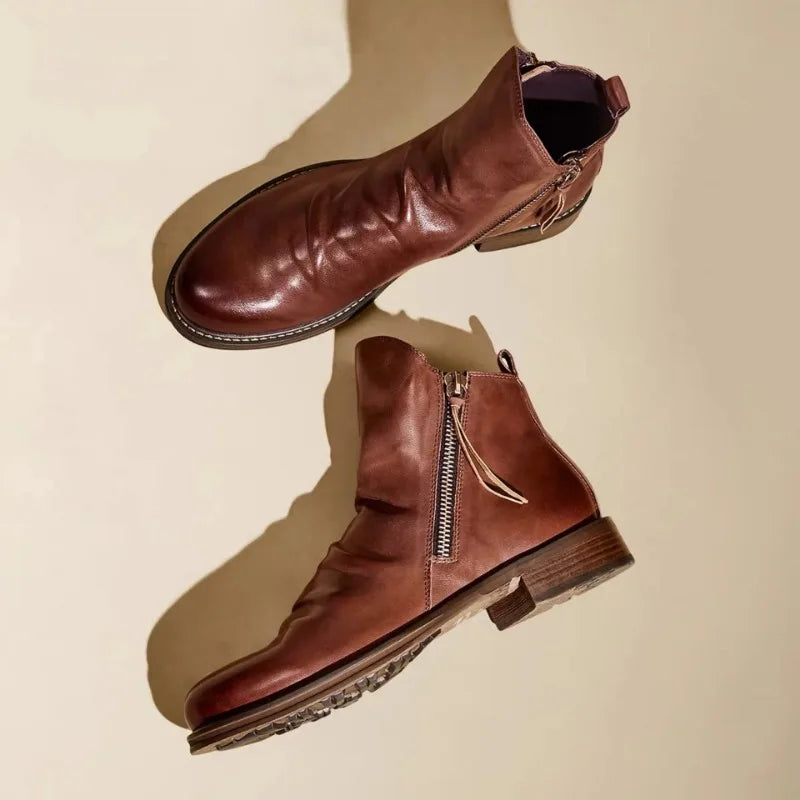 Men’s Ankle Boots – Leather-Look Finish – Side Zipper – Sleek Fit – Low Heel