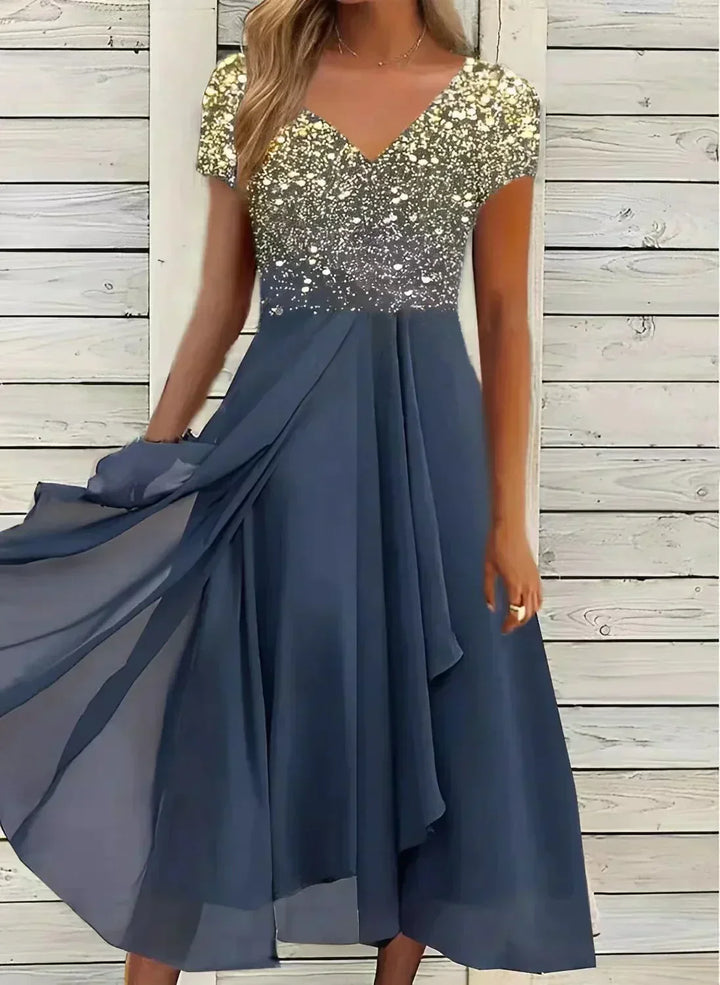 Women's Elegant Dress - V-Neck Floral Bodice - Short Sleeve A-Line Flowing Fit