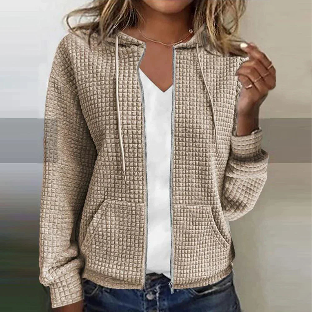 Women’s Hooded Jacket – Soft Quilted Texture – Regular Fit – Zip Front Casual Style