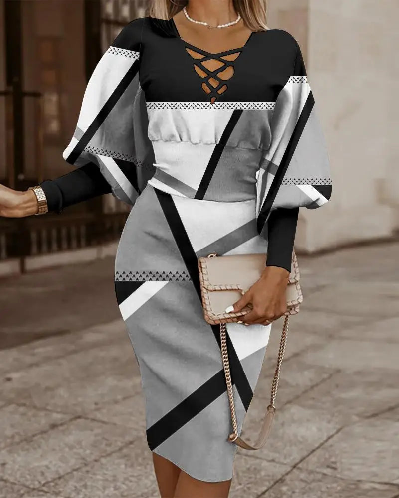 Women's Two-Piece Outfit - Geometric Pattern - Criss-Cross Neckline - Cinched Waist