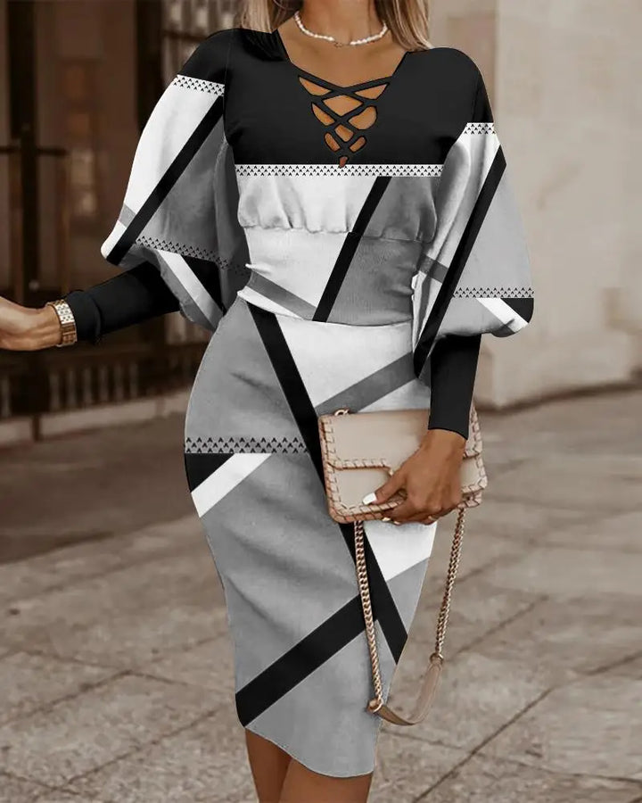 Women's Two-Piece Outfit - Geometric Pattern - Criss-Cross Neckline - Cinched Waist