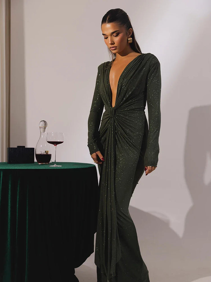 Women's Evening Gown - V-Neck - Long Sleeve - Ruched Waist - Shimmer Finish