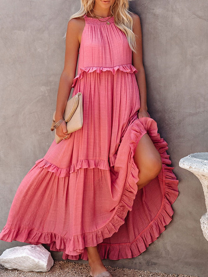 Women’s Maxi Dress – Flowing Fit – Halter Neck – Tiered Skirt – Natural Fibers