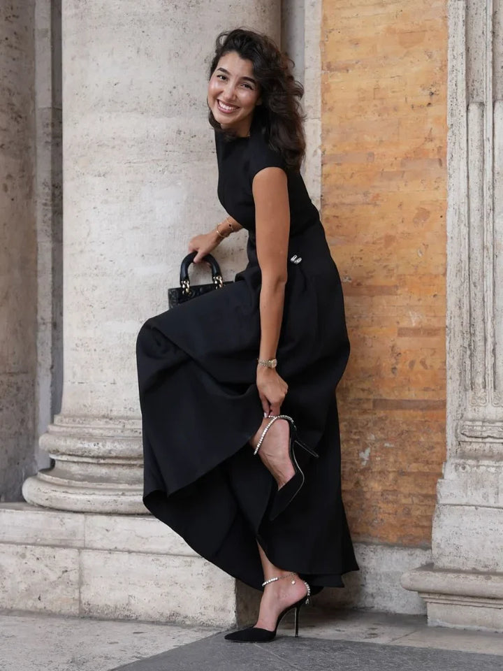 Women's Evening Gown - High Neckline - Cap Sleeves - Floor-Length Elegant Dress