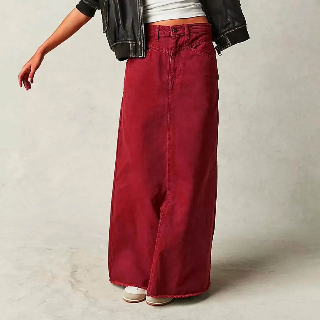 Women’s Denim Skirt – High Waist – Full Length – Straight Fit – Raw Hem – 5-Pocket Style