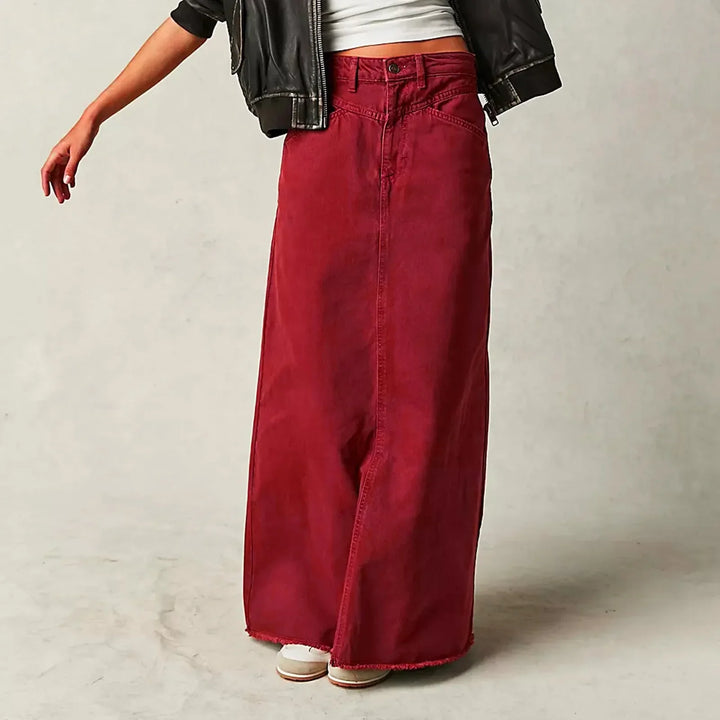 Women’s Denim Skirt – High Waist – Full Length – Straight Fit – Raw Hem – 5-Pocket Style