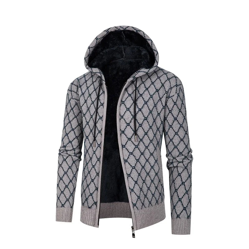 Men’s Zip-Up Hoodie – Plush Fleece Lining – Ribbed Trim – Textured Knit – Casual Fit