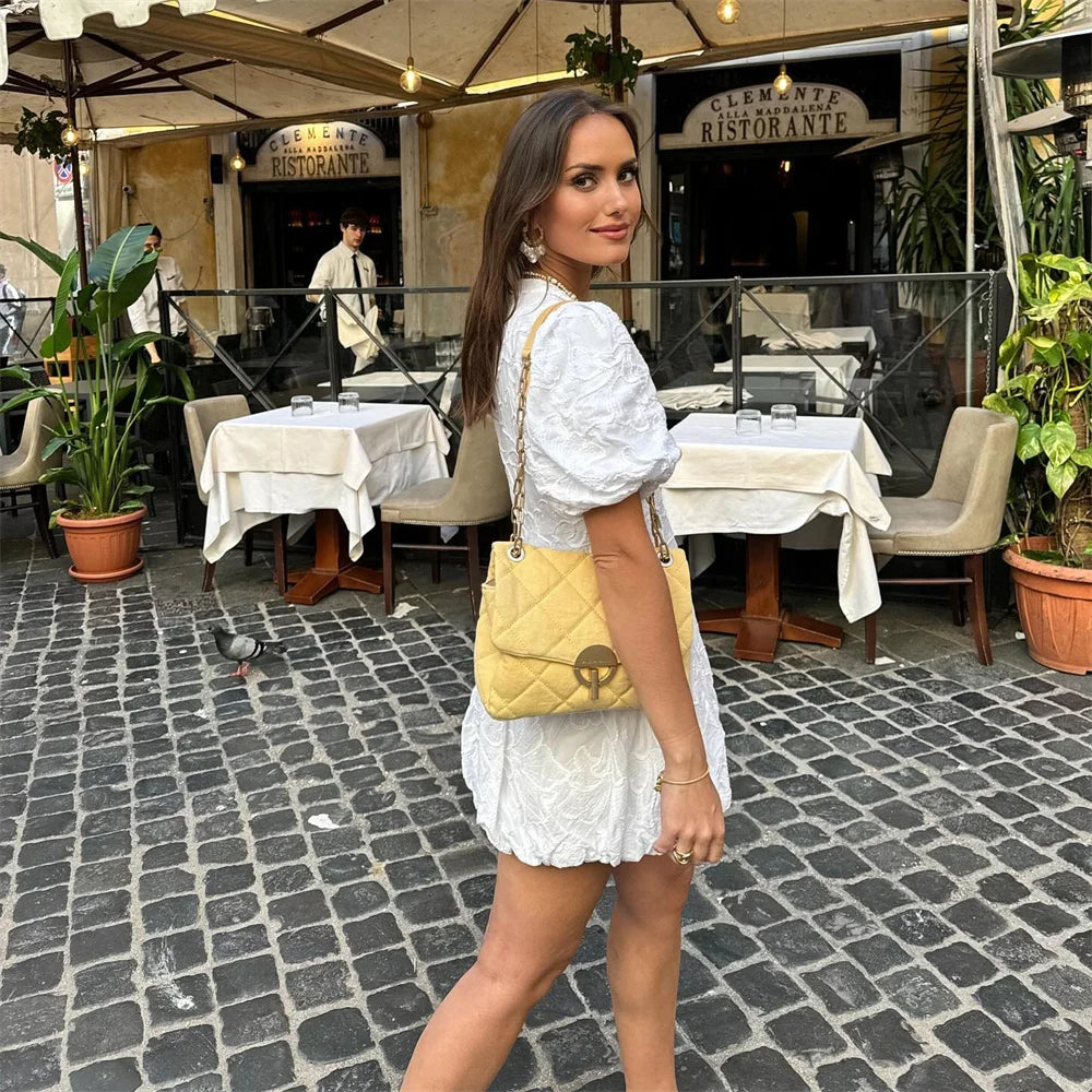 Women's Mini Dress - V-Neck - Puff Sleeves - Embroidered Fit-and-Flare Elegant Style