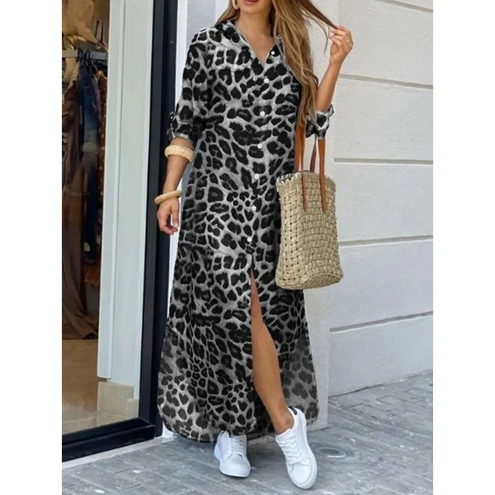 Women's Long Button-Down Dress - Leopard Print - Collared - Flowing Fit - Front Slit