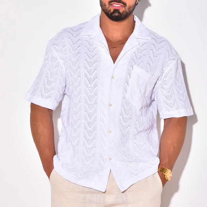 Men’s Knit Shirt – Jacquard Chevron Texture – Relaxed Fit – Short Sleeve Casual Collar