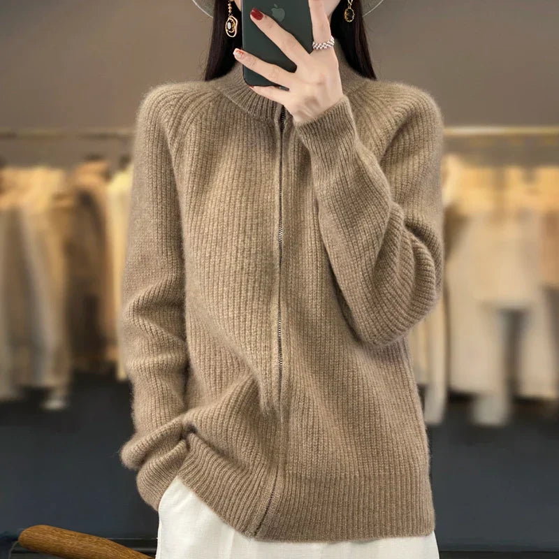 Women’s Cardigan – Relaxed Fit – Zip Front – Hip Length Casual Layer