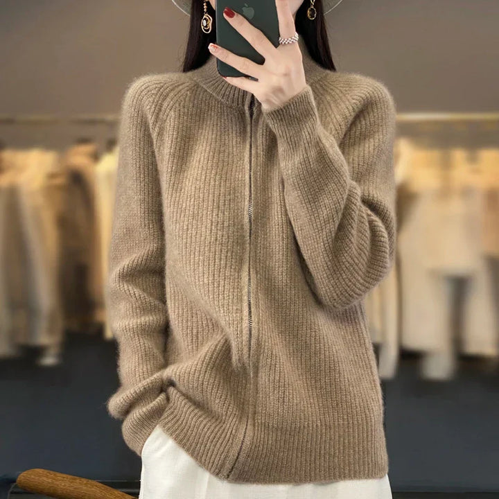 Women’s Cardigan – Relaxed Fit – Zip Front – Hip Length Casual Layer