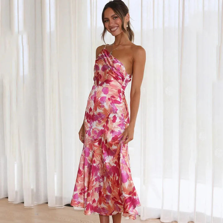 Women's One-Shoulder Midi Dress - Slim Fit - Asymmetrical Neckline - Elegant Floral Print