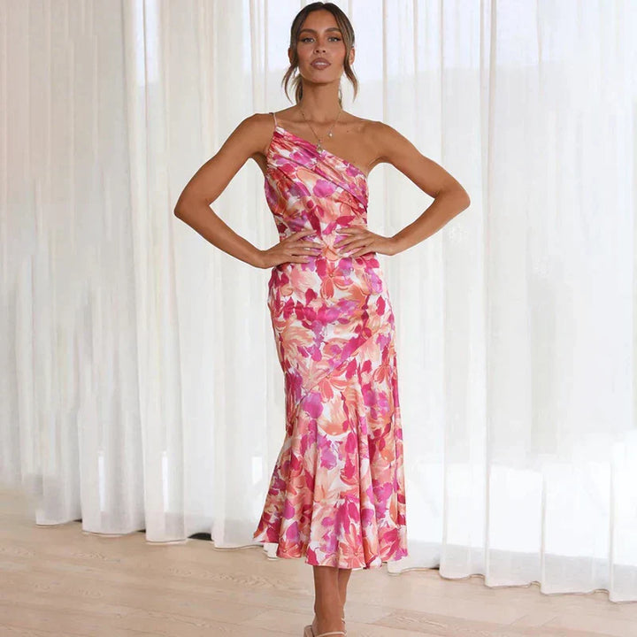 Women's One-Shoulder Midi Dress - Slim Fit - Asymmetrical Neckline - Elegant Floral Print