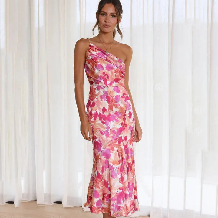 Women's One-Shoulder Midi Dress - Slim Fit - Asymmetrical Neckline - Elegant Floral Print